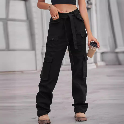 Damen Cargo-Hose mit hoher Taille, Bindegürtel und Mehrfach‑Pattentaschen Nord Taschen