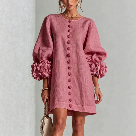 Damen Leinenkleid im A‑Linien‑Schnitt mit Ballonärmeln und 3D‑Blütenverzierung Nord Taschen