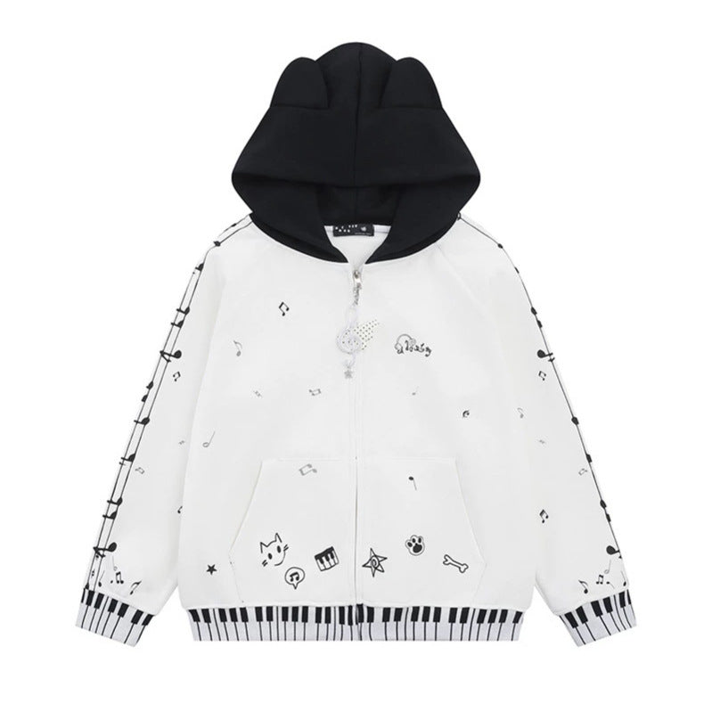 Damen Kapuzensweatjacke mit durchgehendem Reißverschluss, Musikprint, Klaviertasten‑Bündchen und Ohrenkapuze Nord Taschen