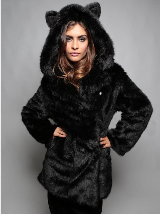 Damen Kurze Kapuzenjacke aus veganem Hochflor-Kunstpelz mit Katzenohren und taillierter Silhouette Nord Taschen