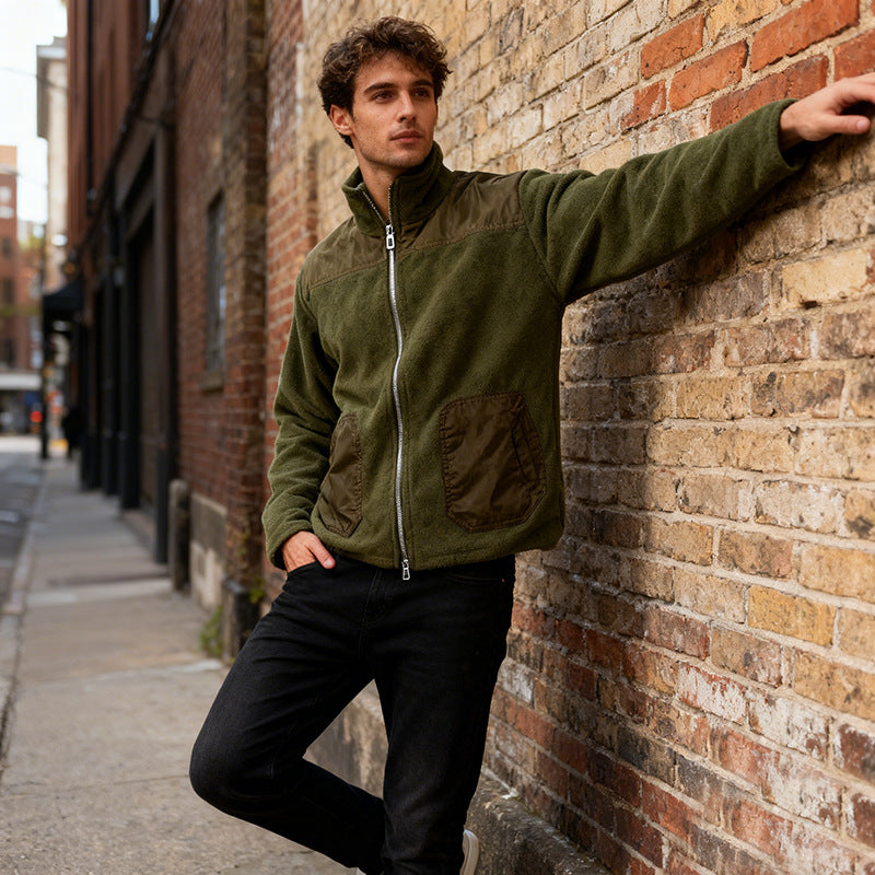 Herren Fleecejacke mit Stehkragen, Zwei‑Material‑Panel und Reißverschluss Nord Taschen