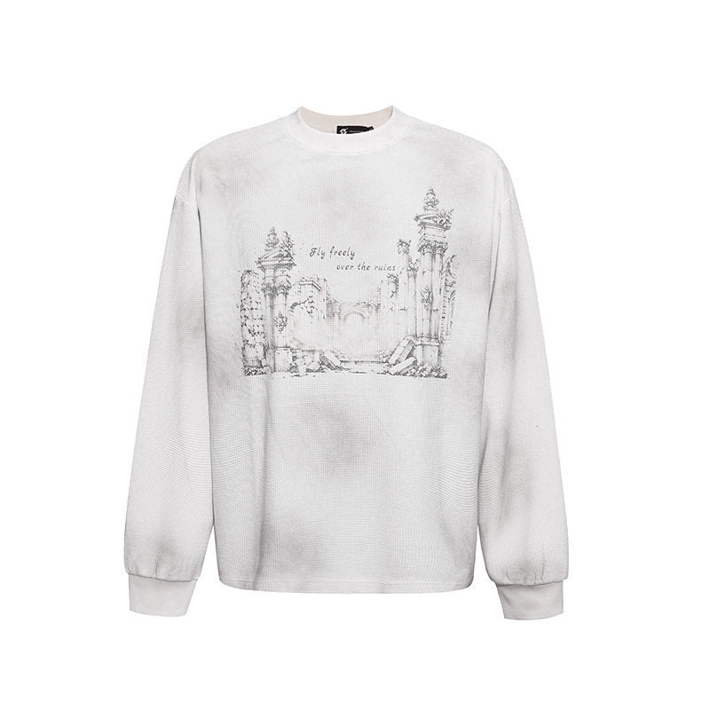 Damen Oversize-Sweatshirt mit Waffelstruktur, Rundhalsausschnitt und Ruinen-Skizzenprint Nord Taschen