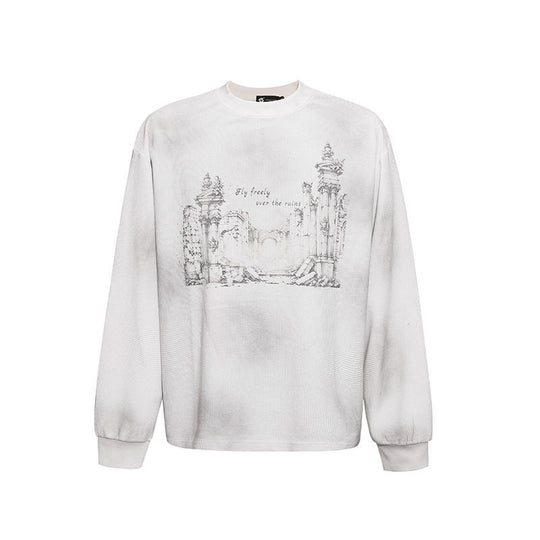 Damen Oversize-Sweatshirt mit Waffelstruktur, Rundhalsausschnitt und Ruinen-Skizzenprint Nord Taschen