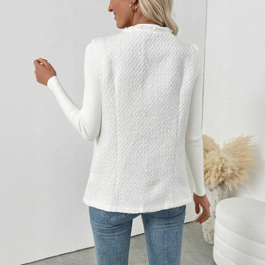 Damen Bouclé-Weste mit Zierknöpfen, Fransenbesatz und Eingrifftaschen Nord Taschen