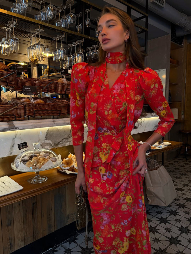 Damen Wickel-Maxikleid mit floralem Print, Puffärmeln und Schalkragen Nord Taschen