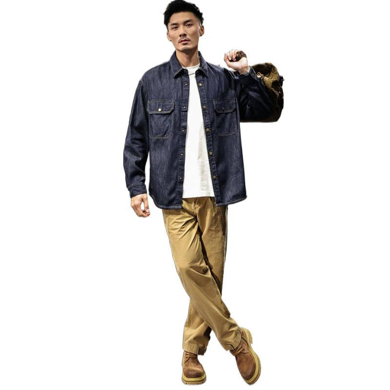 Herren Jeans-Worker-Hemdenjacke mit Druckknopfleiste und Overshirt-Schnitt Nord Taschen
