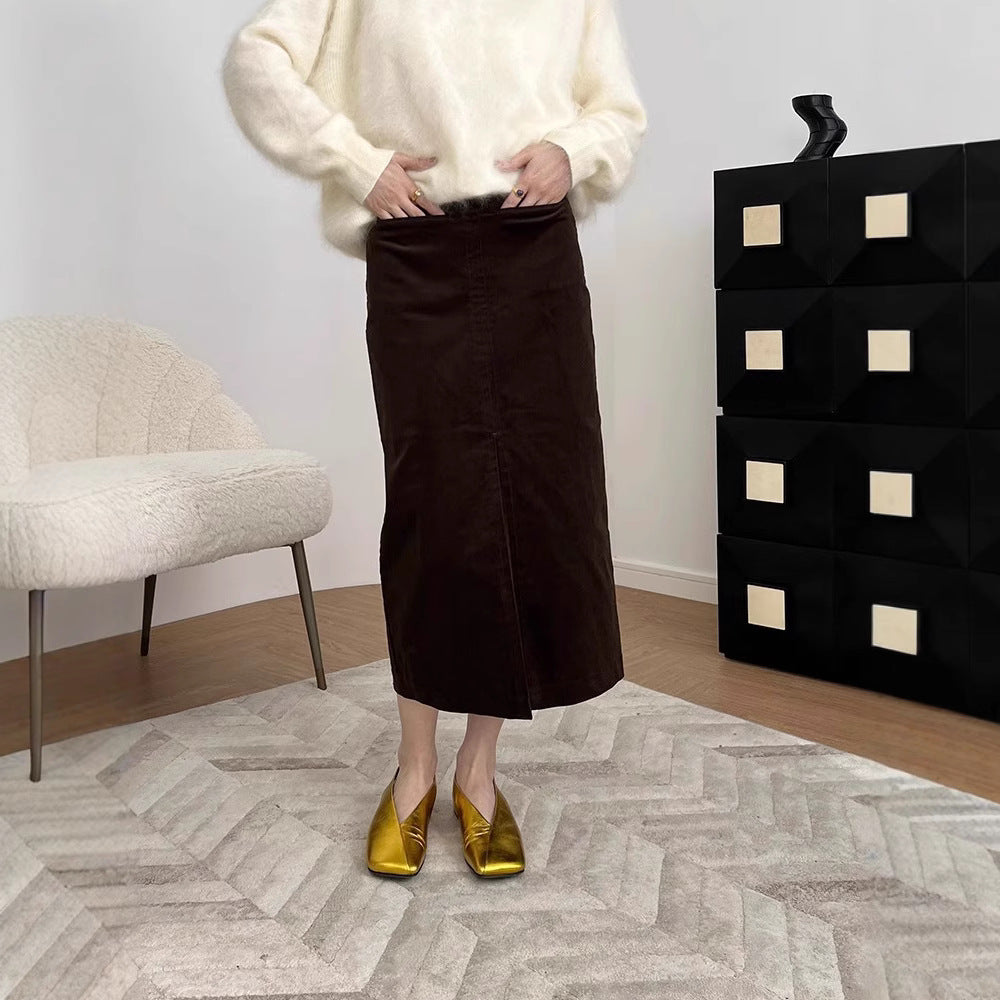 Damen Eleganter Cord Midi-Rock mit Schlitz Nord Taschen