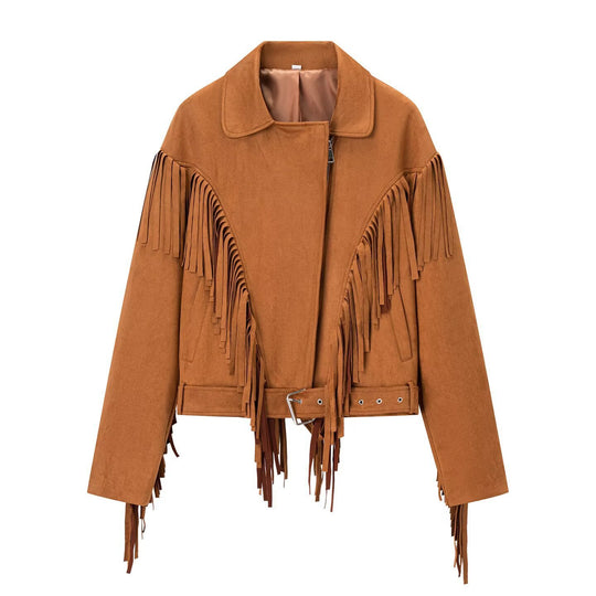 Damen Wildlederoptik Fransenjacke mit Oversized‑Schnitt, Taillengürtel und Statement‑Ärmeln Nord Taschen