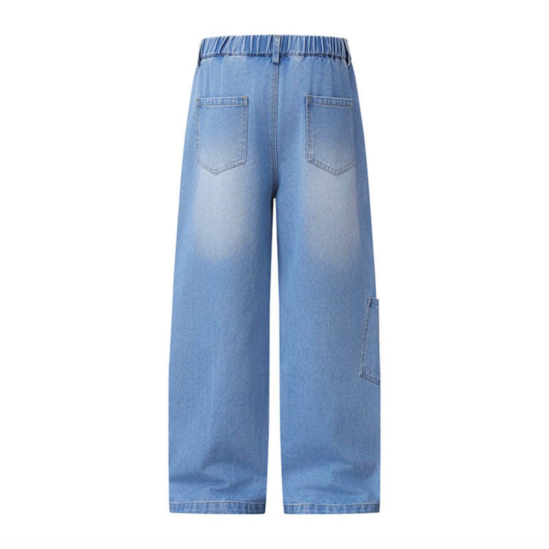 Damen Weite High‑Waist Denim‑Palazzo‑Jeans mit Blumenstickerei, Cargo‑Tasche und Tuchdetail Nord Taschen