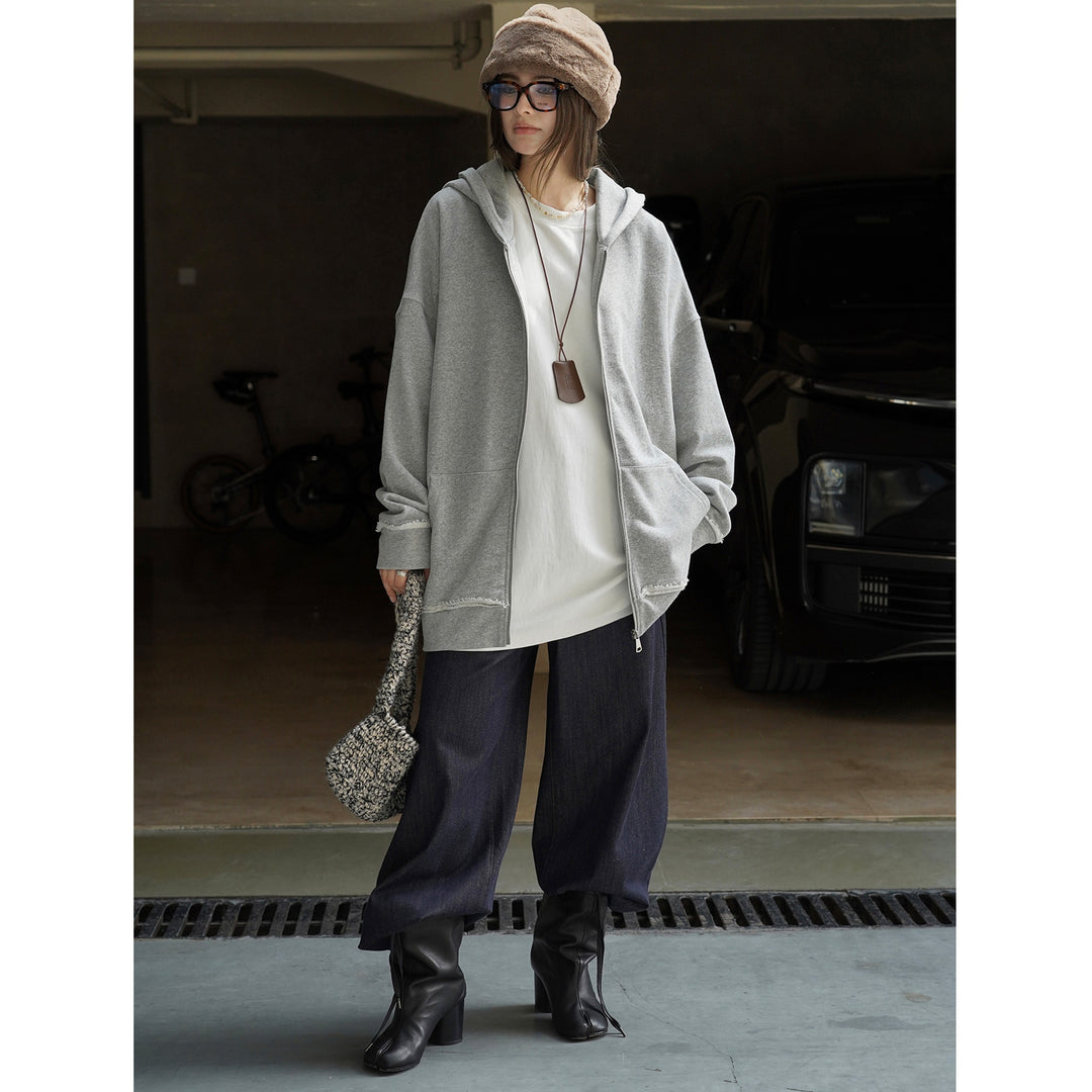 Damen Relaxed-Zip‑Hoodie im Used‑Look mit ausgefransten Kanten Nord Taschen