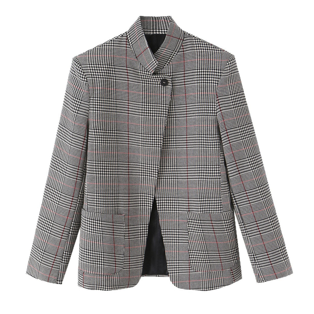 Damen Glencheck-Kurzblazer im Boxy-Schnitt mit Stehkragen und verdeckter Knopfleiste Nord Taschen