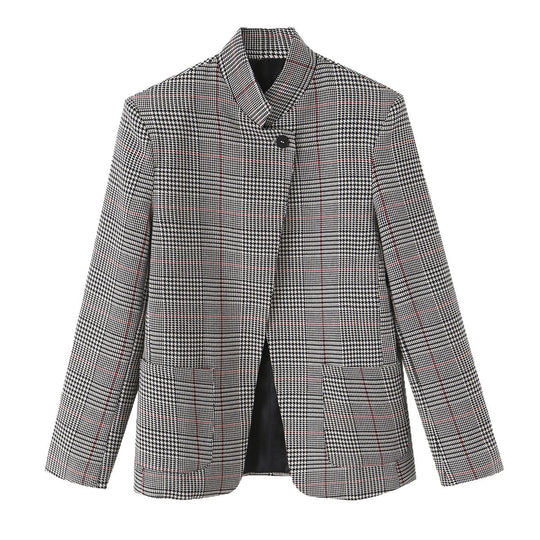Damen Glencheck-Kurzblazer im Boxy-Schnitt mit Stehkragen und verdeckter Knopfleiste Nord Taschen