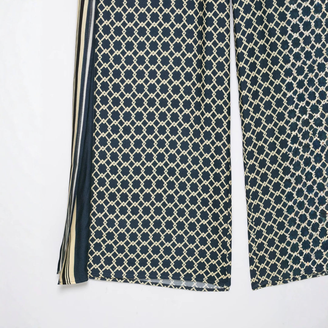 Damen Weite Palazzo‑Hose mit geometrischem Alloverprint und seitlichem Streifen Nord Taschen