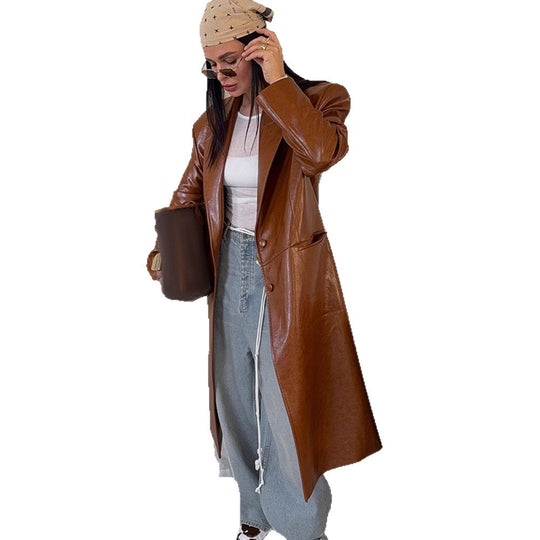 Damen Lang geschnittener Lackleder-Trenchcoat mit Reverskragen und kastiger Oversize-Passform Nord Taschen
