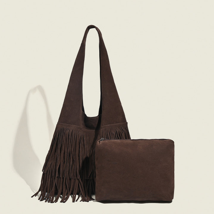 Damen Hobo-Tasche aus hochwertigem Wildleder mit fransigen Details Nord Taschen