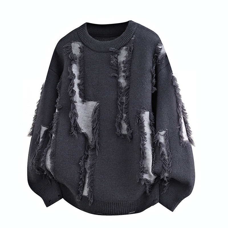 Herren Oversize Strickpullover mit Fransenapplikationen und Balloonärmeln Nord Taschen