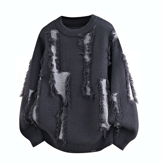 Herren Oversize Strickpullover mit Fransenapplikationen und Balloonärmeln Nord Taschen
