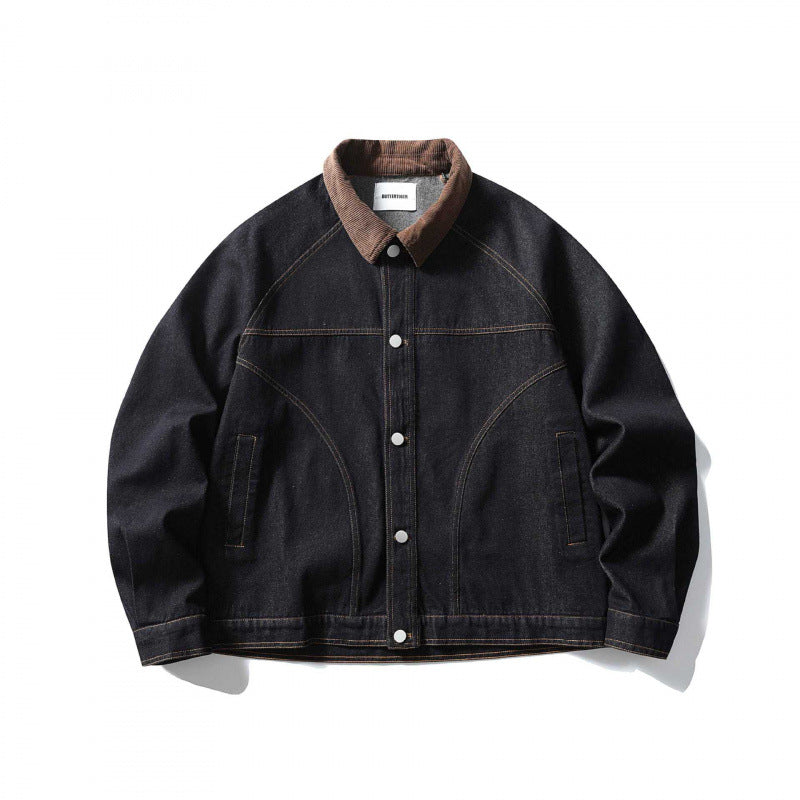 Unisex Boxy-Jeansjacke mit Cordkragen, kontrastierenden Ziernähten und Druckknopfleiste Nord Taschen