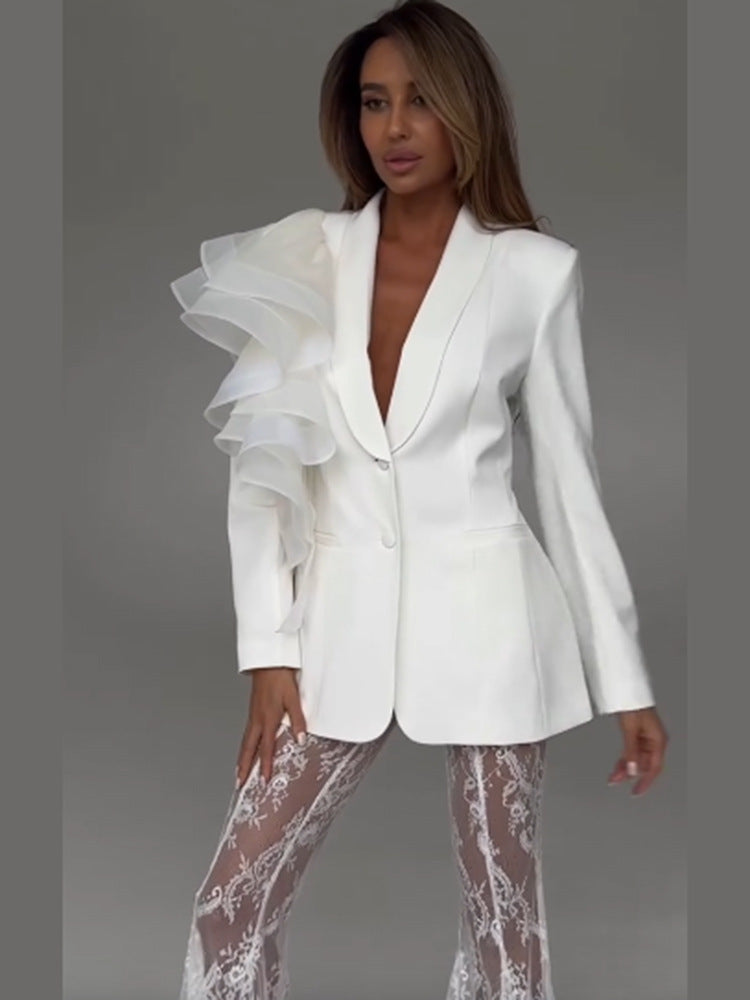 Damen taillierter Blazer mit asymmetrischer Organza-Rüsche Nord Taschen