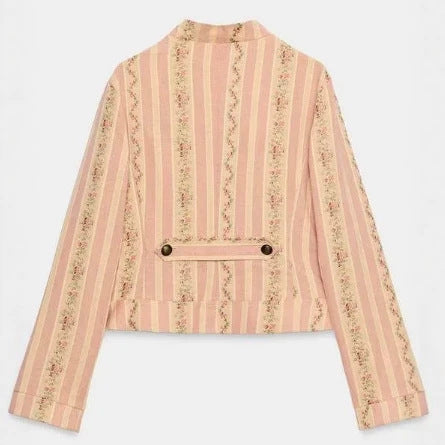 Damen Cropped Blazerjacke im Vintage‑Streifen‑Look mit Stehkragen und asymmetrischer Knopfleiste Nord Taschen