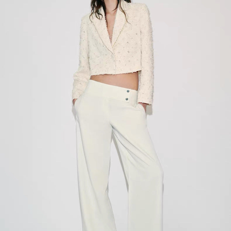 Damen Kurzer Bouclé-Blazer mit Paillettenbesatz und Reverskragen Nord Taschen