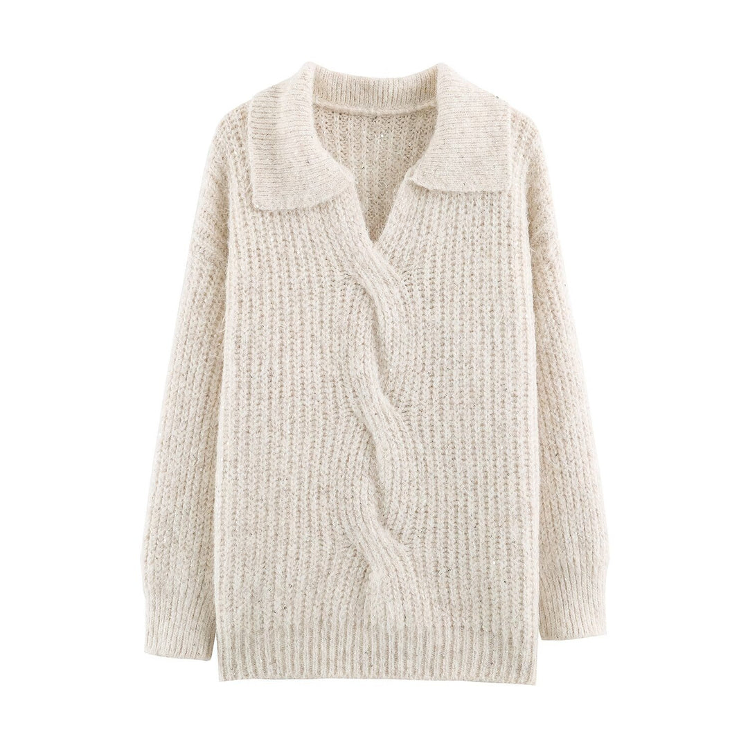 Damen Grobgestrickter Pullover mit weitem Reverskragen und Paillettenbesatz Nord Taschen