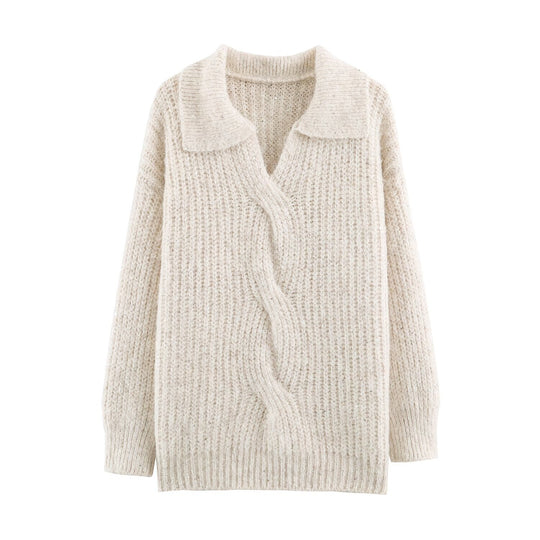 Damen Grobgestrickter Pullover mit weitem Reverskragen und Paillettenbesatz Nord Taschen