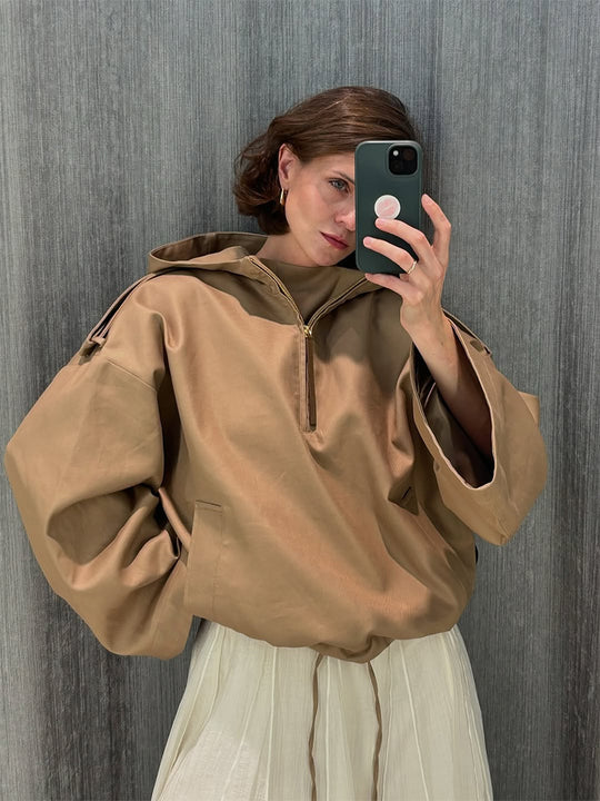 Damen Oversize Kapuzenpullover mit halbem Reißverschluss, Ballonärmeln & Tunnelzug Nord Taschen