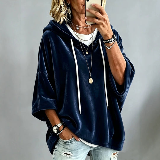 Damen Kurzärmeliges Oversize-Samt-Kapuzenoberteil mit Kordelzug Nord Taschen