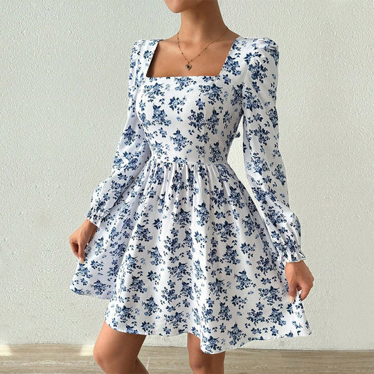 Damen florales Minikleid mit quadratischem Ausschnitt tailliertem Schößchen und langen Puffärmeln Nord Taschen