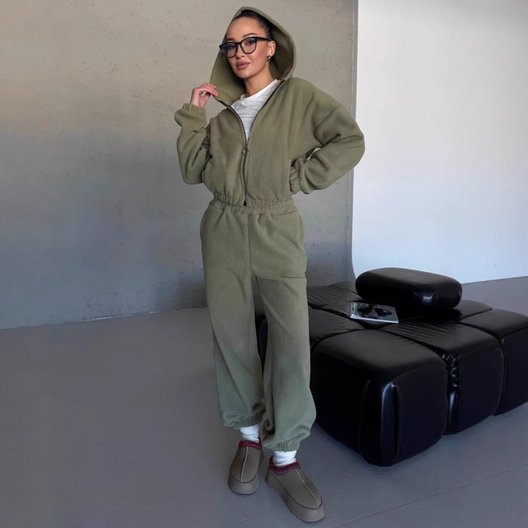 Damen kuscheliges Fleece-Hoodie und Jogginghose Lounge-Set mit Reißverschluss Kapuze elastischem Bund Nord Taschen
