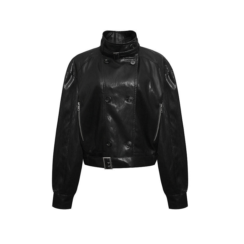 Damen kurze doppeltknöpfte Lederjacke mit Stehkragen und Taillengürtel Nord Taschen