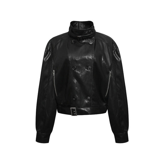 Damen kurze doppeltknöpfte Lederjacke mit Stehkragen und Taillengürtel Nord Taschen