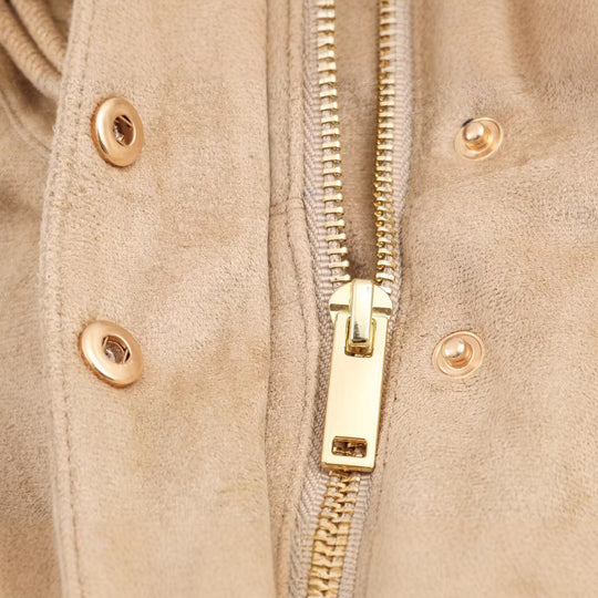 Damen Kurze Wildlederoptik-Jacke mit Stehkragen und Druckknopfleiste Nord Taschen
