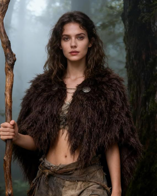 Damen Wikinger‑inspiriertes Faux‑Fur‑Cape mit rustikaler Fransenoptik und Schulterüberwurf Nord Taschen