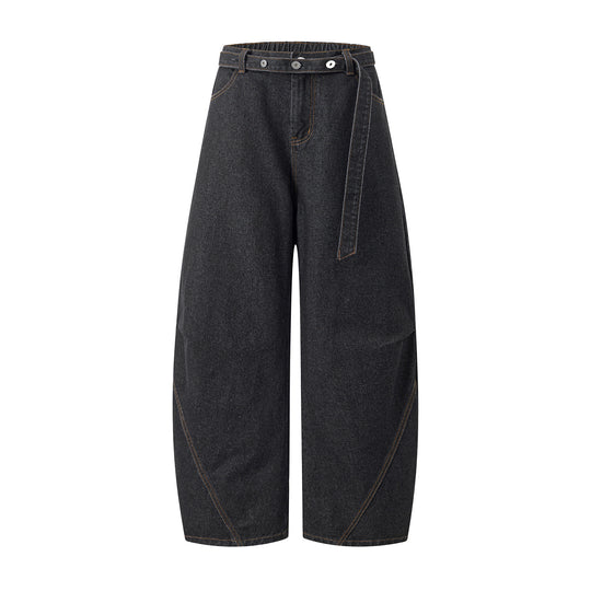 Damen Culotte-Jeans mit weitem Ballon‑Schnitt, hohem Bund und Stoffgürtel Nord Taschen