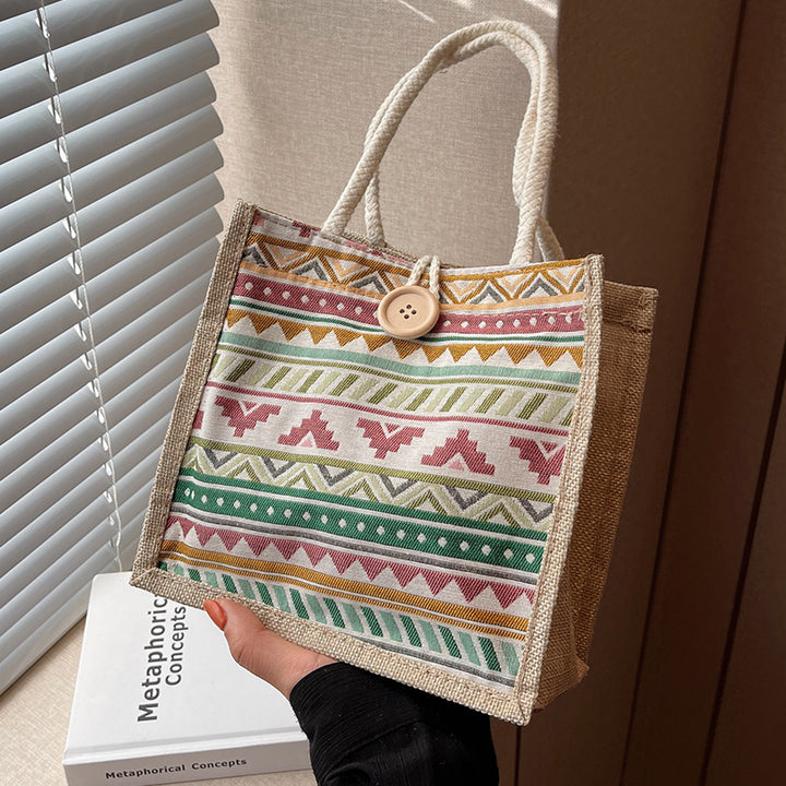 Damen Jutetasche mit buntem Ethnomuster und praktischen Tragegriffen Nord Taschen