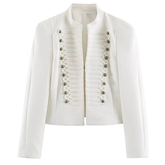 Damen Taillierter Cropped‑Blazer mit militärischer Galonverzierung und Stehkragen Nord Taschen