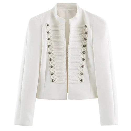 Damen Taillierter Cropped‑Blazer mit militärischer Galonverzierung und Stehkragen Nord Taschen