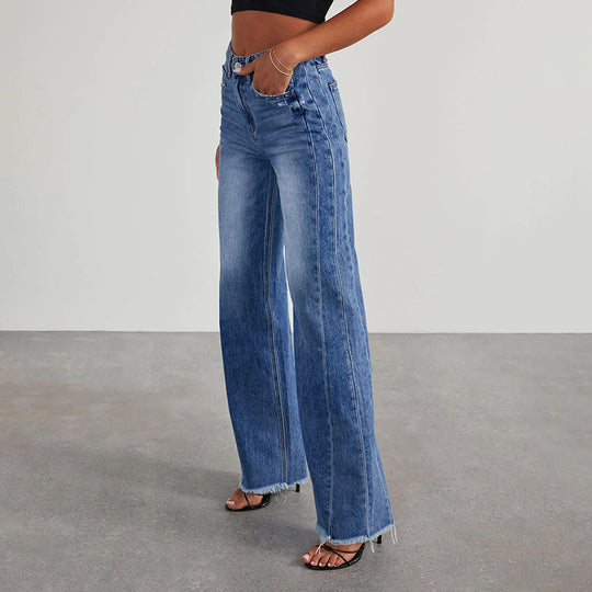 Damen High-Waist Schlagjeans mit weitem Bein und ausgefranstem Saum Nord Taschen