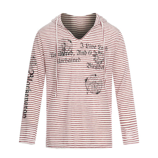 Damen Leichtes Kapuzen-Longsleeve mit V-Ausschnitt, Streifenmuster und Vintage-Print Nord Taschen