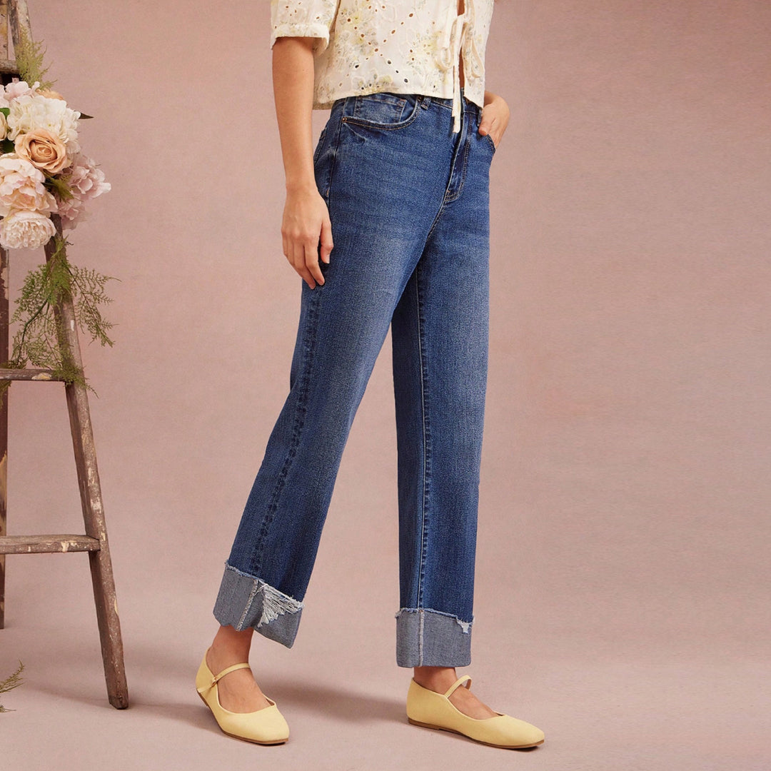 Damen Hochtaillierte Cropped-Jeans mit weitem Bein und ausgefranstem Umschlag Nord Taschen