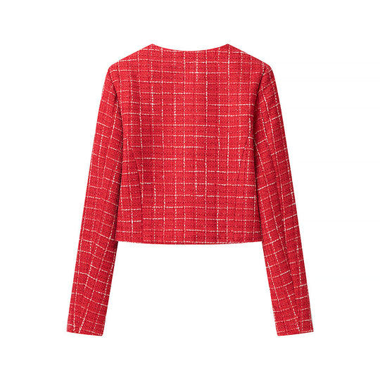 Damen Kurzgeschnittener Bouclé‑Tweed‑Blazer mit Rundhals, Zierknöpfen und aufgesetzten Taschen Nord Taschen