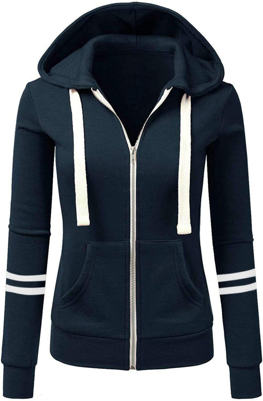 Damen Kapuzenjacke mit Reißverschluss, Kängurutasche und Kontraststreifen Nord Taschen