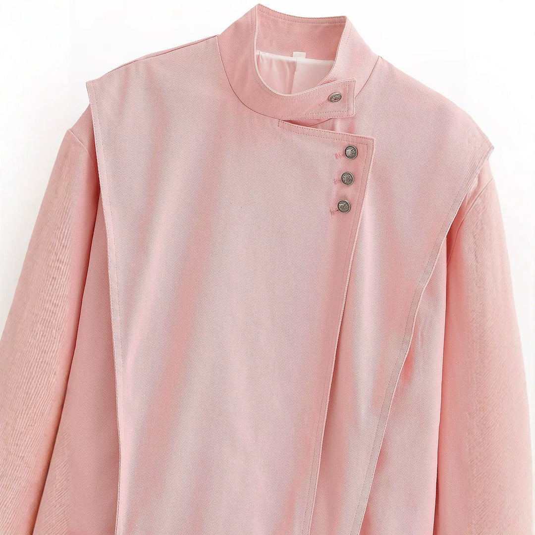 Damen asymmetrische Oversize-Jacke mit hohem Stehkragen und dekorativer Knopfleiste Nord Taschen