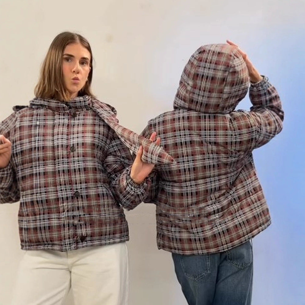 Damen Kurz geschnittene karierte wattierte Boxy-Steppjacke mit integrierter Kapuze und Bindeschal Nord Taschen
