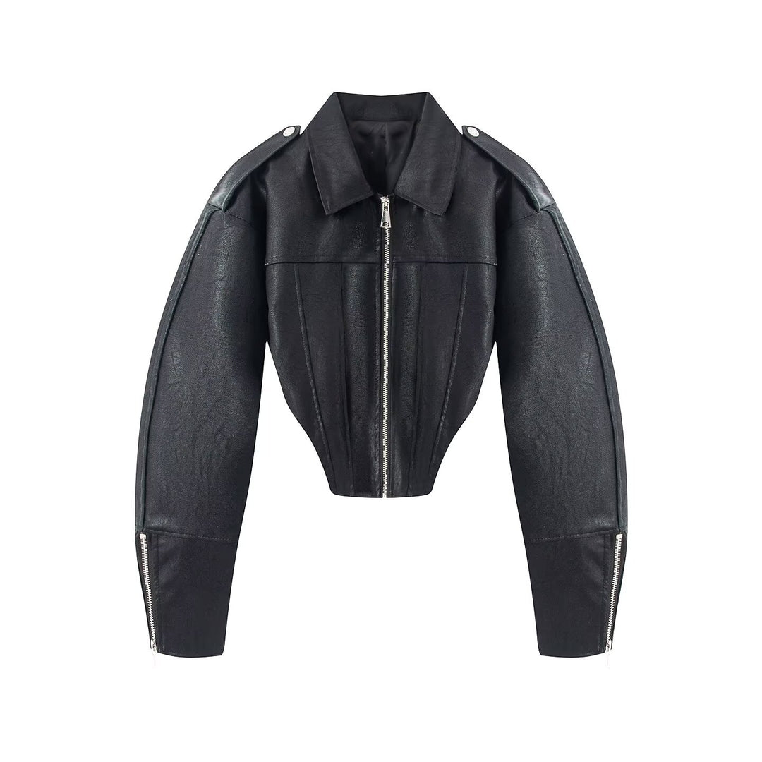 Damen Kurzjacke im Corsagenstil aus Lederoptik mit betonten Schultern Nord Taschen