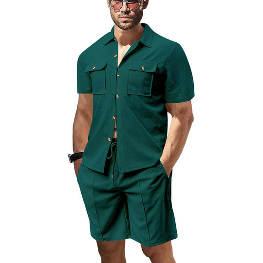 Herren nan modernes Kurzarm-Hemden-Set im Resortstil mit aufgesetzten Pattentaschen, offenem Reverskragen und Kordelzug-Bermuda aus Strukturjersey