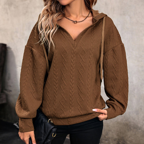 Damen Gemütlicher Strickpullover mit V-Ausschnitt und Kapuze Nord Taschen