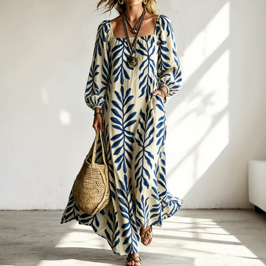 Damen Maxikleid mit quadratischem Ausschnitt, Ballonärmeln und botanischem Print Nord Taschen